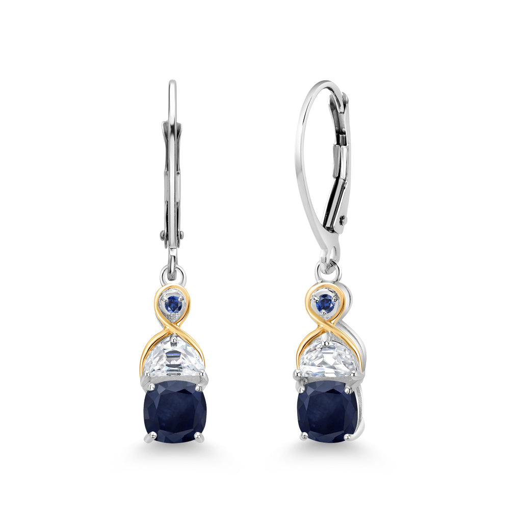 Gem Stone King Two-Tone 5MM Cushion Gemstone Birthstone Half Moon White Moissanite and Blue Created Sapphire Dangle Earrings for Women | 925 Silver and 10K Yellow Gold | 1.2 Inch Drop | Fine Jewelry for Her Mom Wife