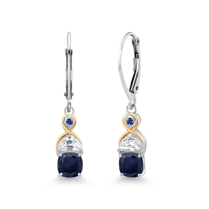 Gem Stone King Two-Tone 5MM Cushion Gemstone Birthstone Half Moon White Moissanite and Blue Created Sapphire Dangle Earrings for Women | 925 Silver and 10K Yellow Gold | 1.2 Inch Drop | Fine Jewelry for Her Mom Wife