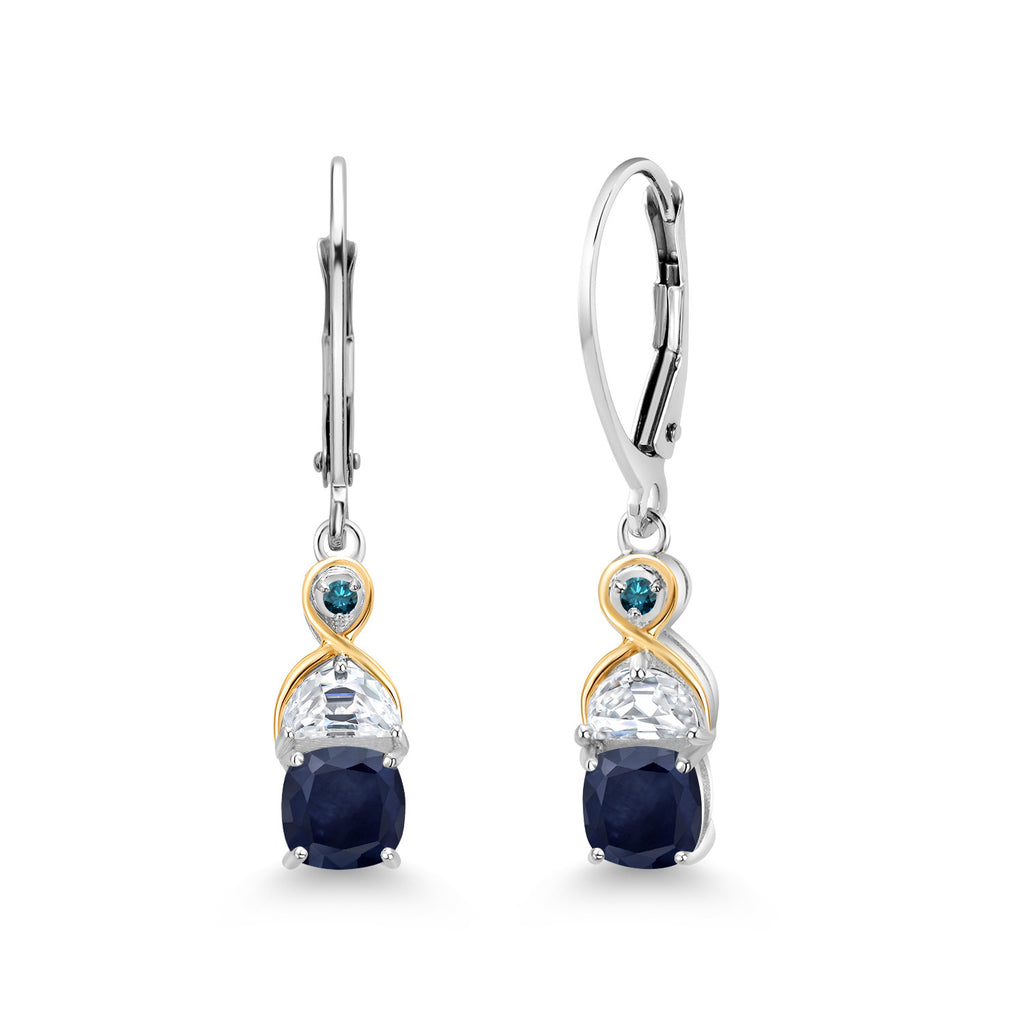Gem Stone King Two-Tone 5MM Cushion Gemstone Birthstone Half Moon White Moissanite and Blue Diamond Dangle Earrings for Women | 925 Silver and 10K Yellow Gold | 1.2 Inch Drop | Fine Jewelry for Her Mom Wife