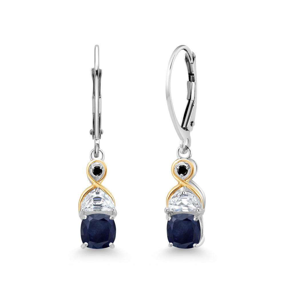 Gem Stone King Two-Tone 5MM Cushion Gemstone Birthstone Half Moon White Moissanite and Black Diamond Dangle Earrings for Women | 925 Silver and 10K Yellow Gold | 1.2 Inch Drop | Fine Jewelry for Her Mom Wife