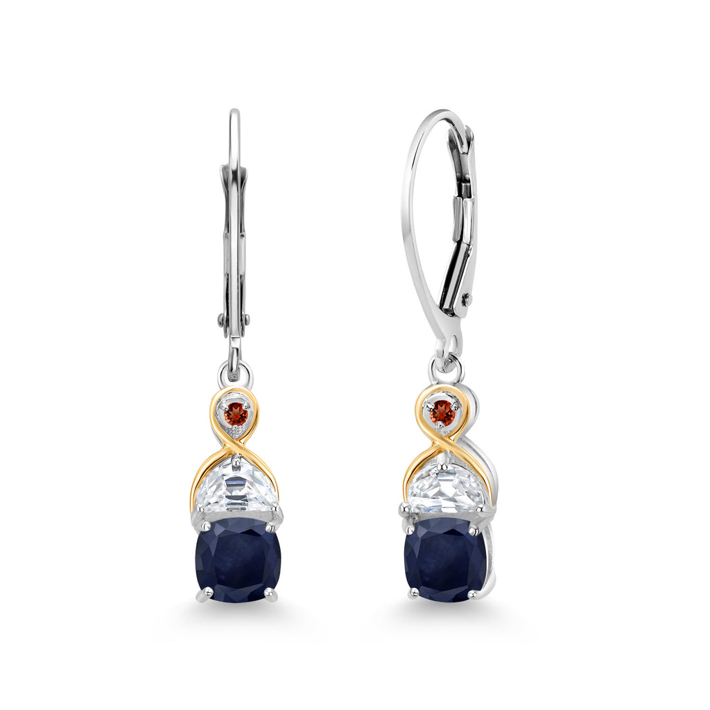Gem Stone King Two-Tone 5MM Cushion Gemstone Birthstone Half Moon White Moissanite and Garnet Dangle Earrings for Women | 925 Silver and 10K Yellow Gold | 1.2 Inch Drop | Fine Jewelry for Her Mom Wife