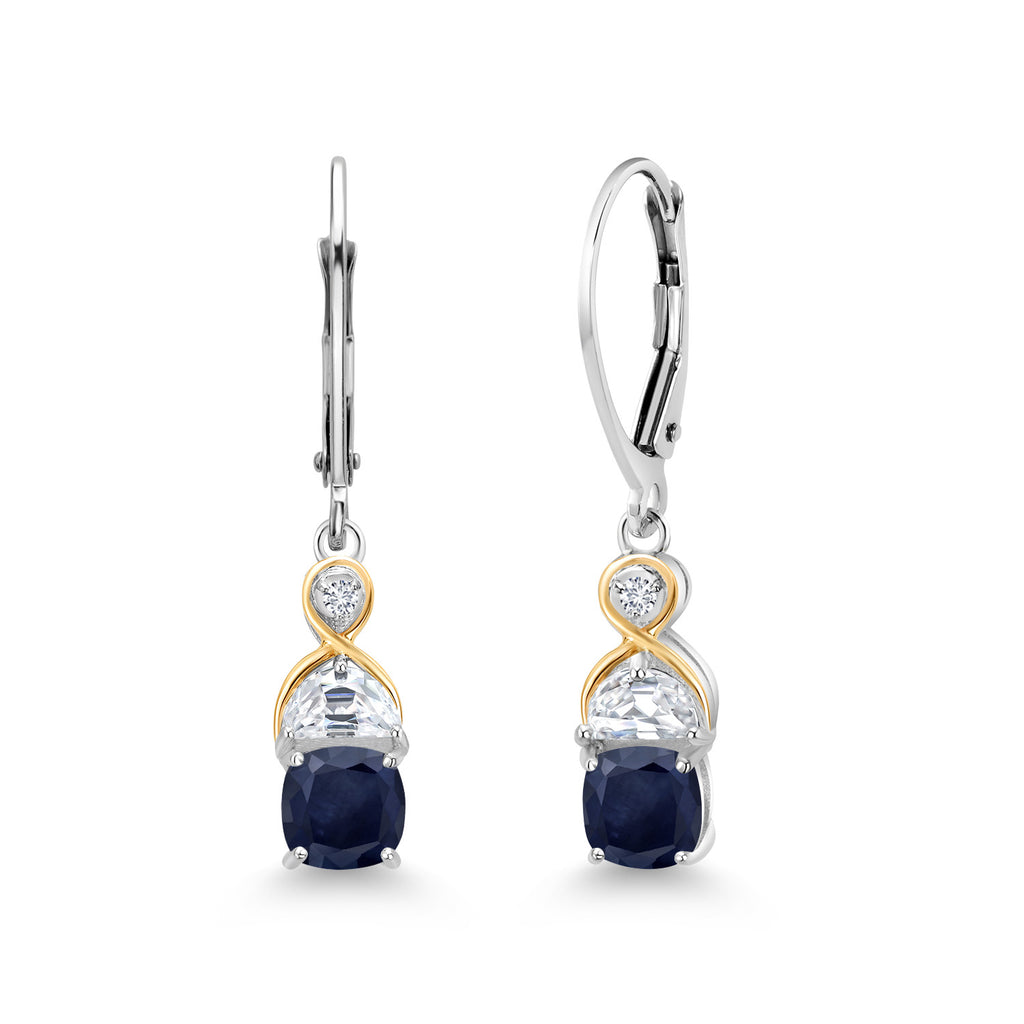 Gem Stone King Two-Tone 5MM Cushion Gemstone Birthstone Half Moon White Moissanite and Lab Grown Diamond Dangle Earrings for Women | 925 Silver and 10K Yellow Gold | 1.2 Inch Drop | Fine Jewelry for Her Mom Wife