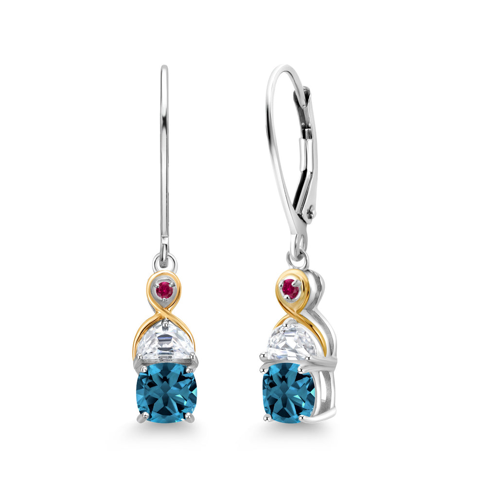 Gem Stone King Two-Tone 5MM Cushion Gemstone Birthstone Half Moon White Moissanite and Created Ruby Dangle Earrings for Women | 925 Silver and 10K Yellow Gold | 1.2 Inch Drop | Fine Jewelry for Her Mom Wife
