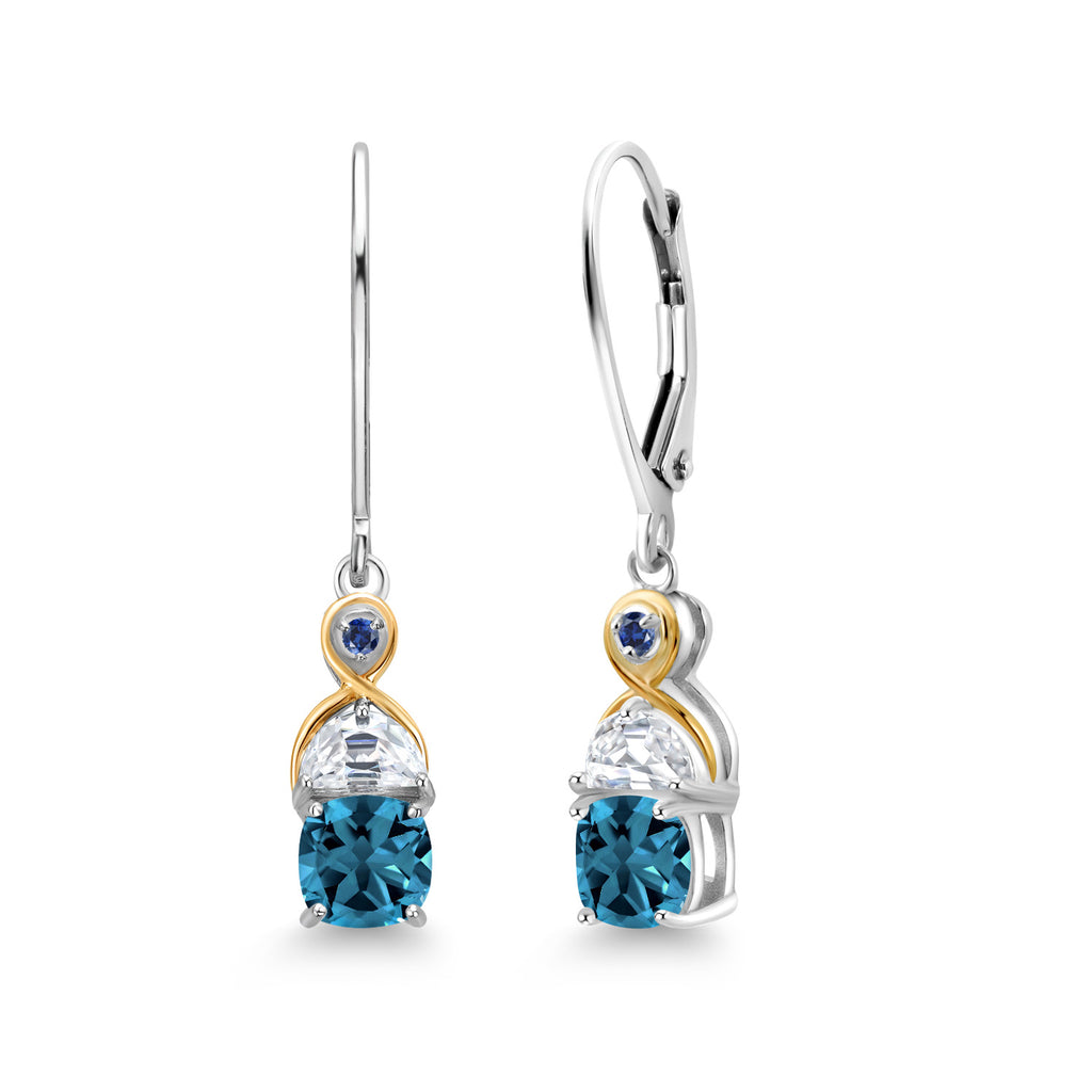 Gem Stone King Two-Tone 5MM Cushion Gemstone Birthstone Half Moon White Moissanite and Blue Created Sapphire Dangle Earrings for Women | 925 Silver and 10K Yellow Gold | 1.2 Inch Drop | Fine Jewelry for Her Mom Wife