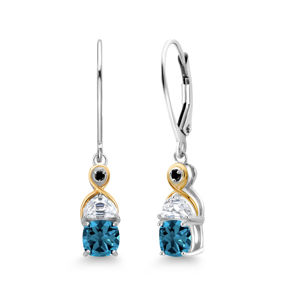 Gem Stone King Two-Tone 5MM Cushion Gemstone Birthstone Half Moon White Moissanite and Black Diamond Dangle Earrings for Women | 925 Silver and 10K Yellow Gold | 1.2 Inch Drop | Fine Jewelry for Her Mom Wife