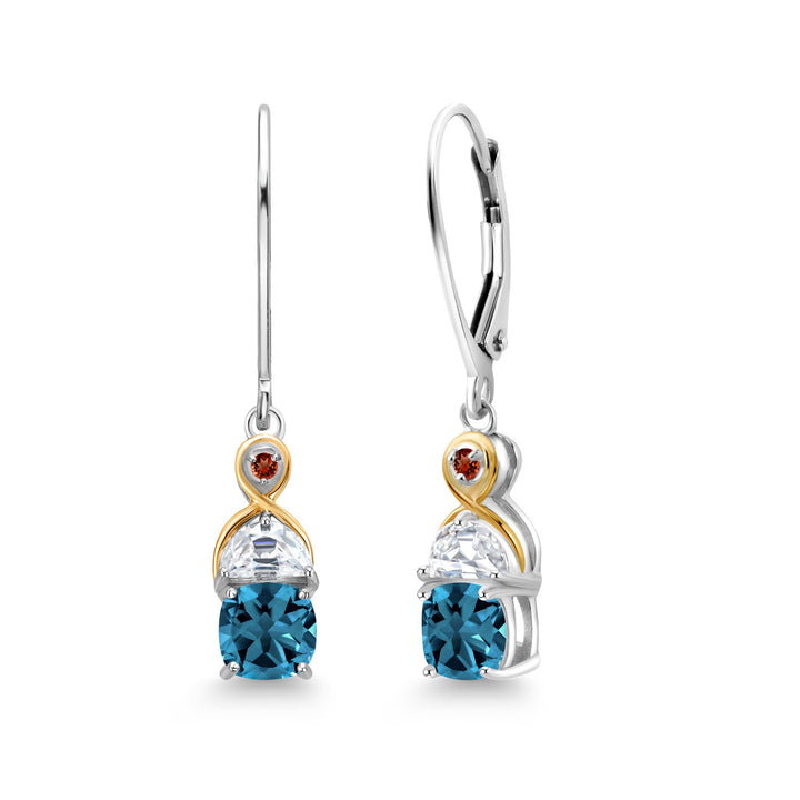 Gem Stone King Two-Tone 5MM Cushion Gemstone Birthstone Half Moon White Moissanite and Garnet Dangle Earrings for Women | 925 Silver and 10K Yellow Gold | 1.2 Inch Drop | Fine Jewelry for Her Mom Wife