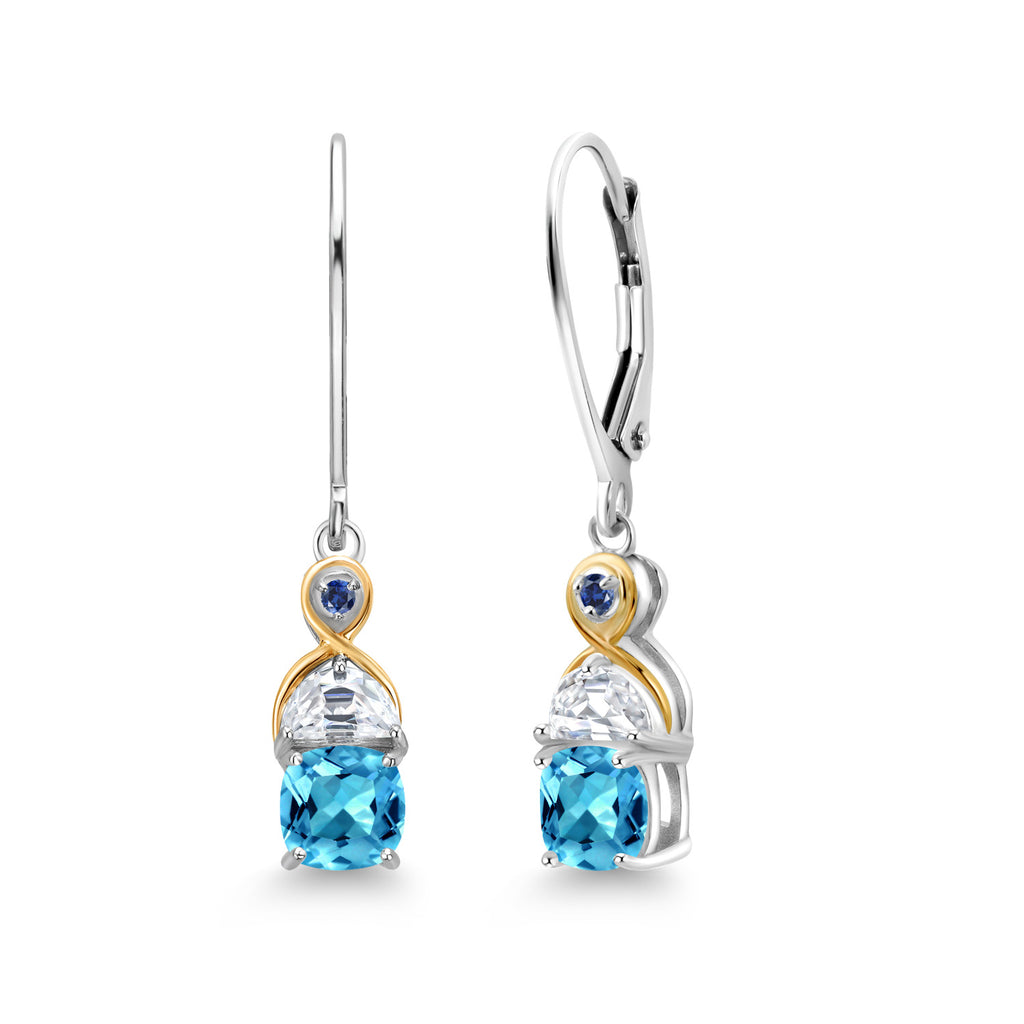 Gem Stone King Two-Tone 5MM Cushion Gemstone Birthstone Half Moon White Moissanite and Blue Created Sapphire Dangle Earrings for Women | 925 Silver and 10K Yellow Gold | 1.2 Inch Drop | Fine Jewelry for Her Mom Wife