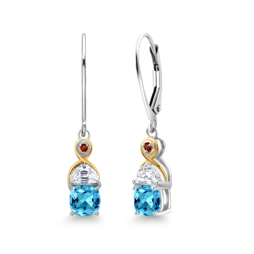 Gem Stone King Two-Tone 5MM Cushion Gemstone Birthstone Half Moon White Moissanite and Garnet Dangle Earrings for Women | 925 Silver and 10K Yellow Gold | 1.2 Inch Drop | Fine Jewelry for Her Mom Wife