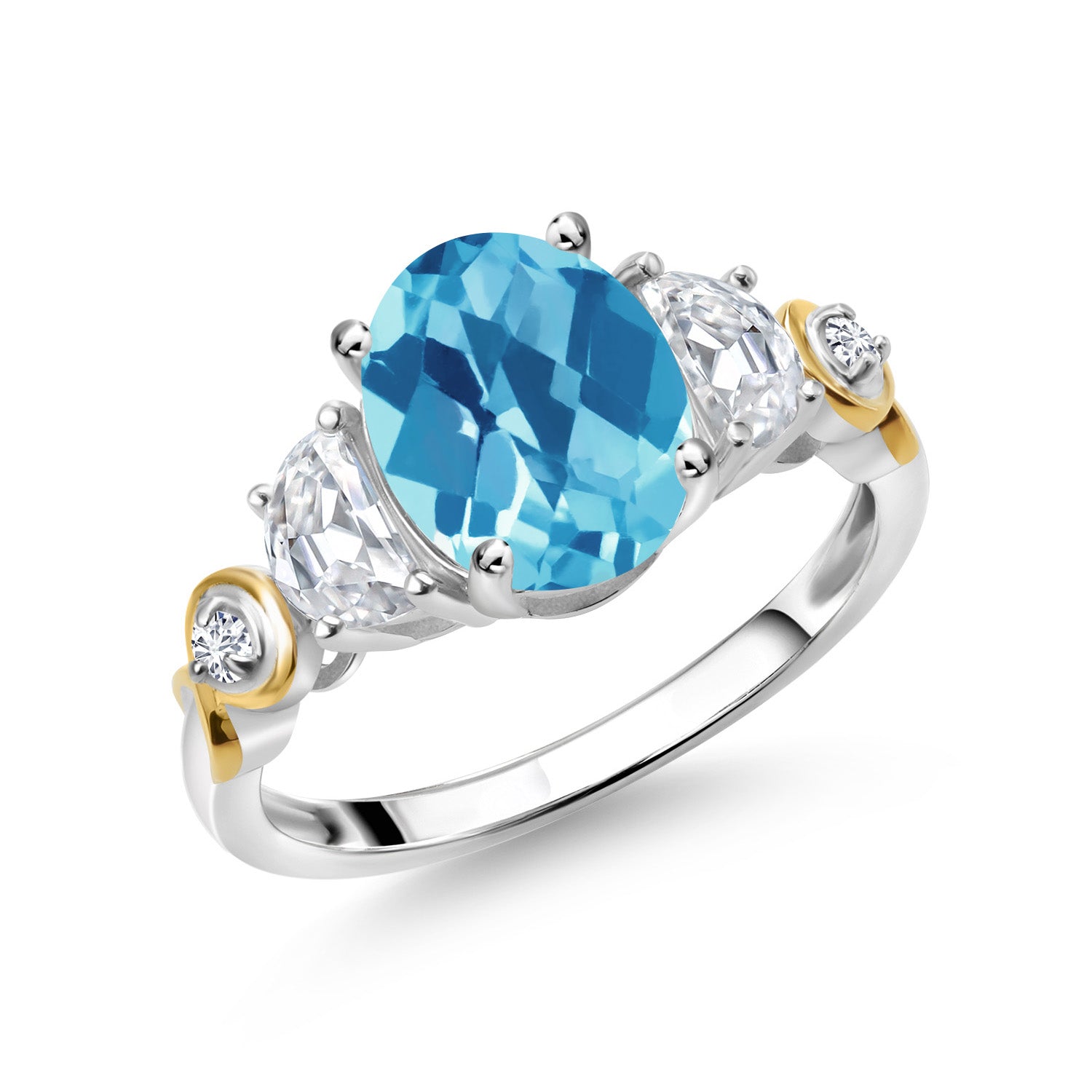 Swiss Blue Topaz-Checkerboard - November_6_Ring in 925 Sterling Silver and 10K Yellow Gold