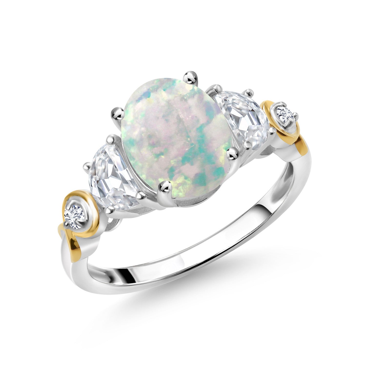 White Simulated Opal-Cabochon - October_6_Ring in 925 Sterling Silver and 10K Yellow Gold