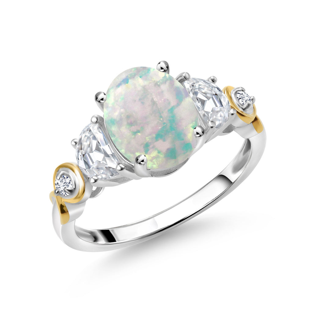 White Simulated Opal-Cabochon - October_9_Ring in 925 Sterling Silver and 10K Yellow Gold