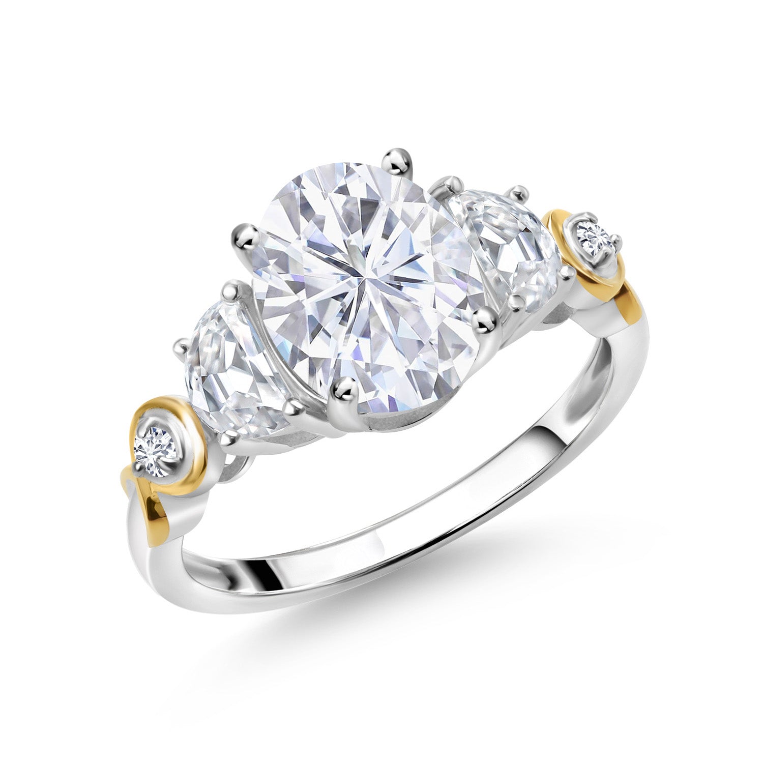 925 Silver and 10K Yellow Gold Moissanite and Lab Grown Diamond 3-Stone Women Wedding Engagement Anniversary Promise Ring (2.60 Cttw, Available In Size 5, 6, 7, 8, 9)