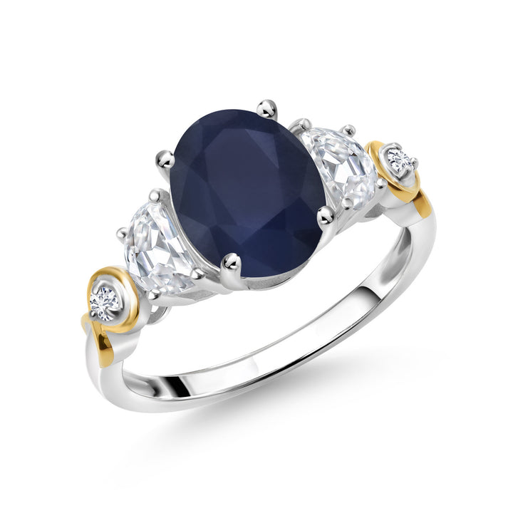 925 Silver and 10K Yellow Gold Oval Blue Sapphire White Moissanite and Lab Grown Diamond 3-Stone Wedding Engagement Anniversary Promise Ring For Women (2.70 Cttw, Available In Size 5, 6, 7, 8, 9)