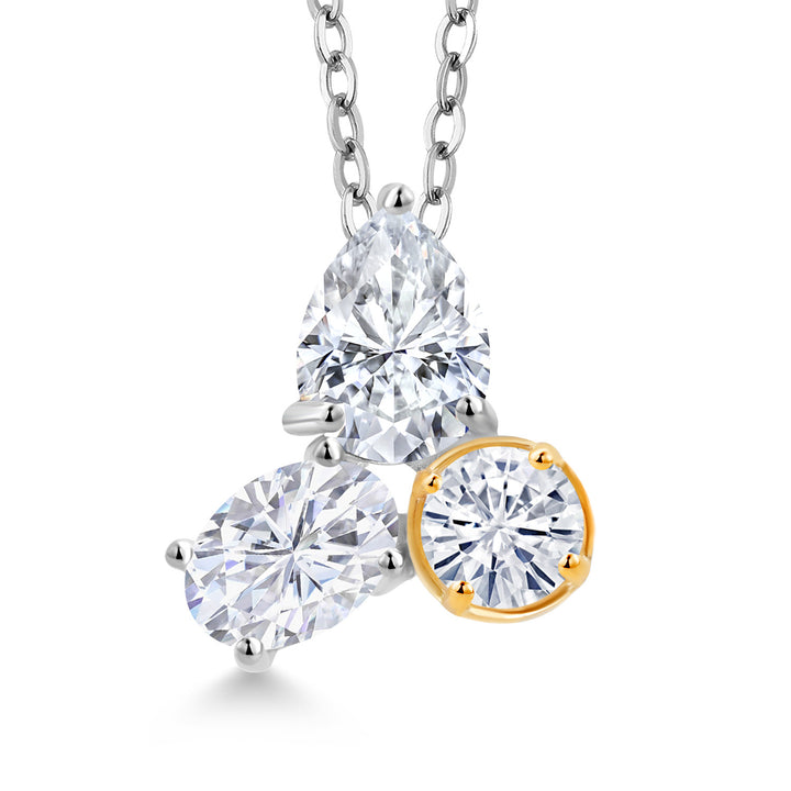 925 Silver and 10K Yellow Gold White Moissanite 3 Stone Pendant Necklace for Women | 2.55 Cttw | Gemstone Birthstone | Pear Shape 8X6MM | Oval 7X5MM | Round 5MM | with 18 Inch Chain