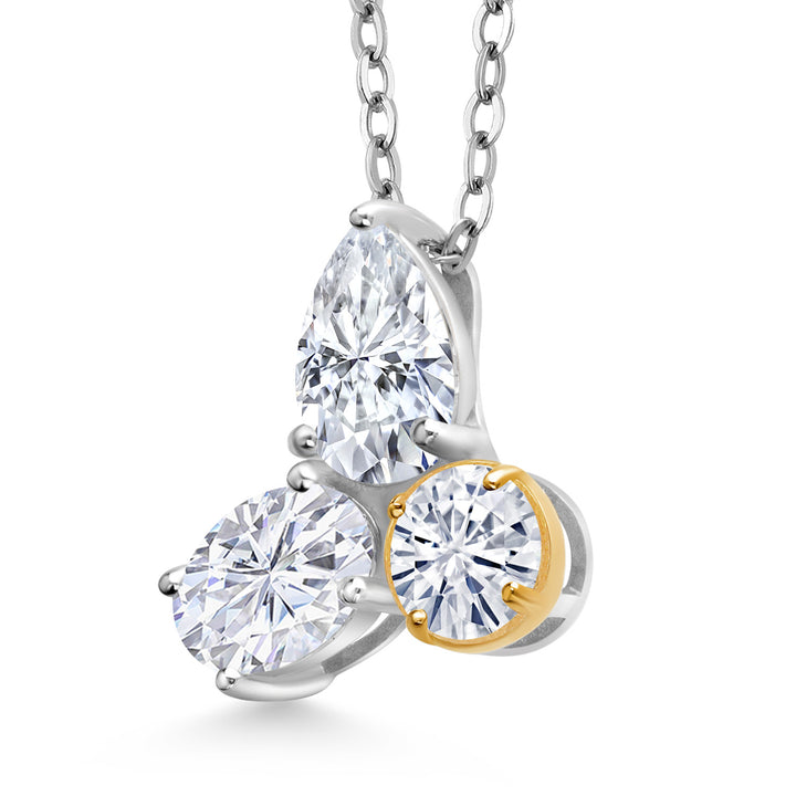 925 Silver and 10K Yellow Gold White Moissanite 3 Stone Pendant Necklace for Women | 2.55 Cttw | Gemstone Birthstone | Pear Shape 8X6MM | Oval 7X5MM | Round 5MM | with 18 Inch Chain