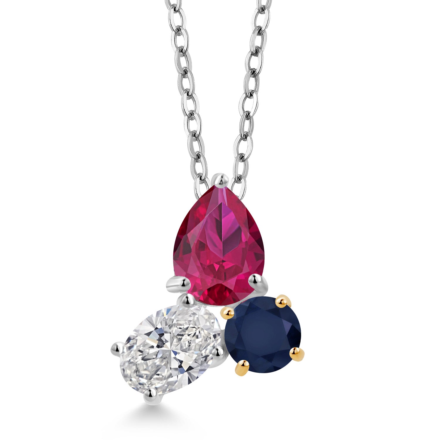 925 Silver and 10K Yellow Gold Created Ruby and Lab Grown Diamond and Blue Sapphire 3 Stone Pendant Necklace for Women | 2.55 Cttw | Pear Shape 8X6MM | Oval 7X5MM | Round 5MM | with 18 Inch Chain