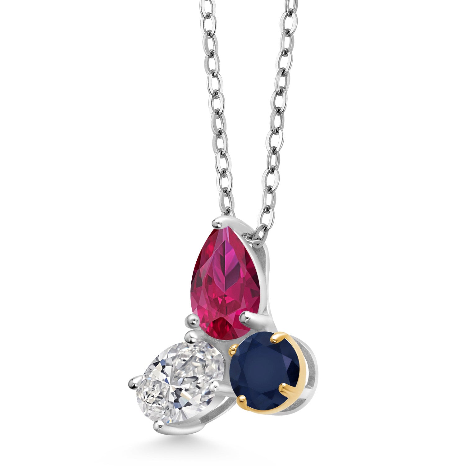 925 Silver and 10K Yellow Gold Created Ruby and Lab Grown Diamond and Blue Sapphire 3 Stone Pendant Necklace for Women | 2.55 Cttw | Pear Shape 8X6MM | Oval 7X5MM | Round 5MM | with 18 Inch Chain