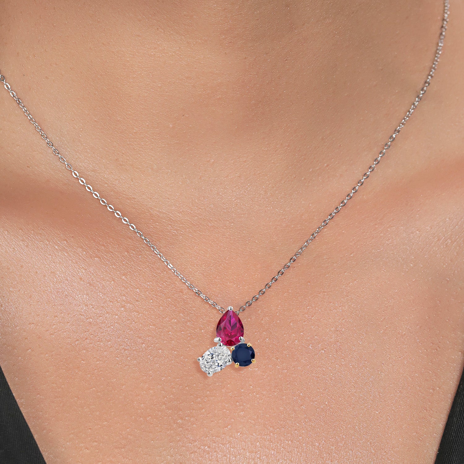 925 Silver and 10K Yellow Gold Created Ruby and Lab Grown Diamond and Blue Sapphire 3 Stone Pendant Necklace for Women | 2.55 Cttw | Pear Shape 8X6MM | Oval 7X5MM | Round 5MM | with 18 Inch Chain