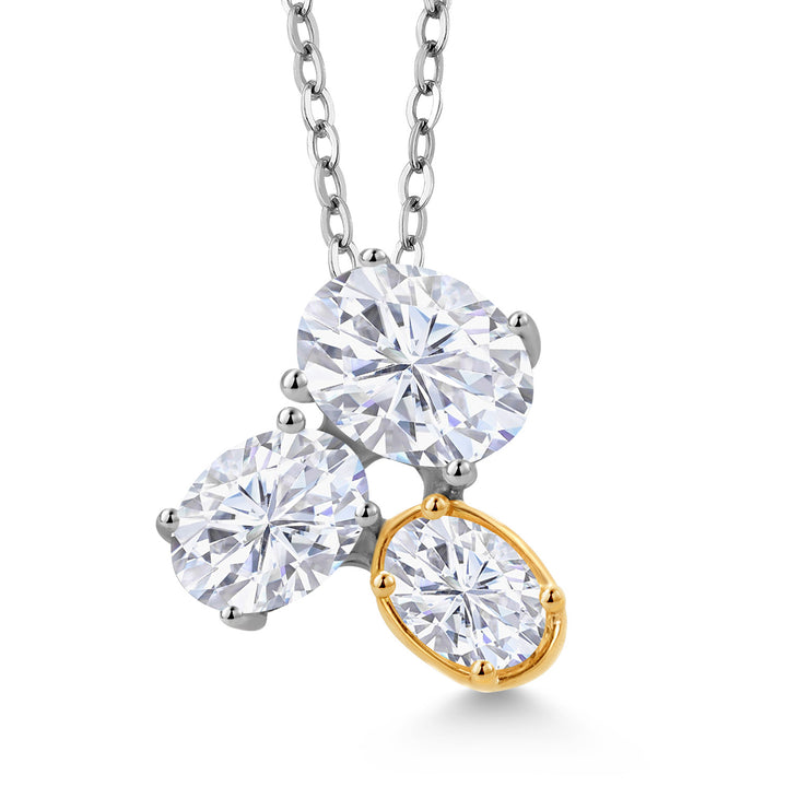 2.90 Cttw 925 Silver and 10K Yellow Gold White Moissanite Pendant Necklace | 3-Stone Necklace For Women | Oval 8X6MM, 7X5MM and 6X4MM | With 18 Inch Silver Chain