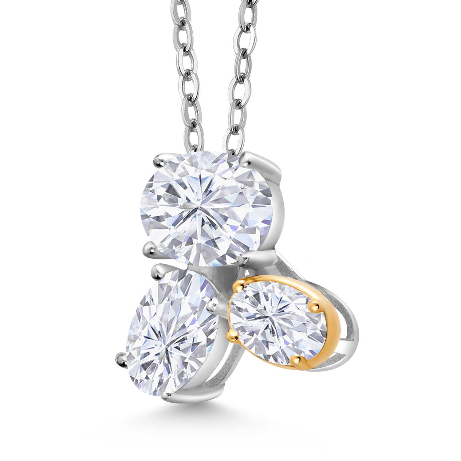 2.90 Cttw 925 Silver and 10K Yellow Gold White Moissanite Pendant Necklace | 3-Stone Necklace For Women | Oval 8X6MM, 7X5MM and 6X4MM | With 18 Inch Silver Chain