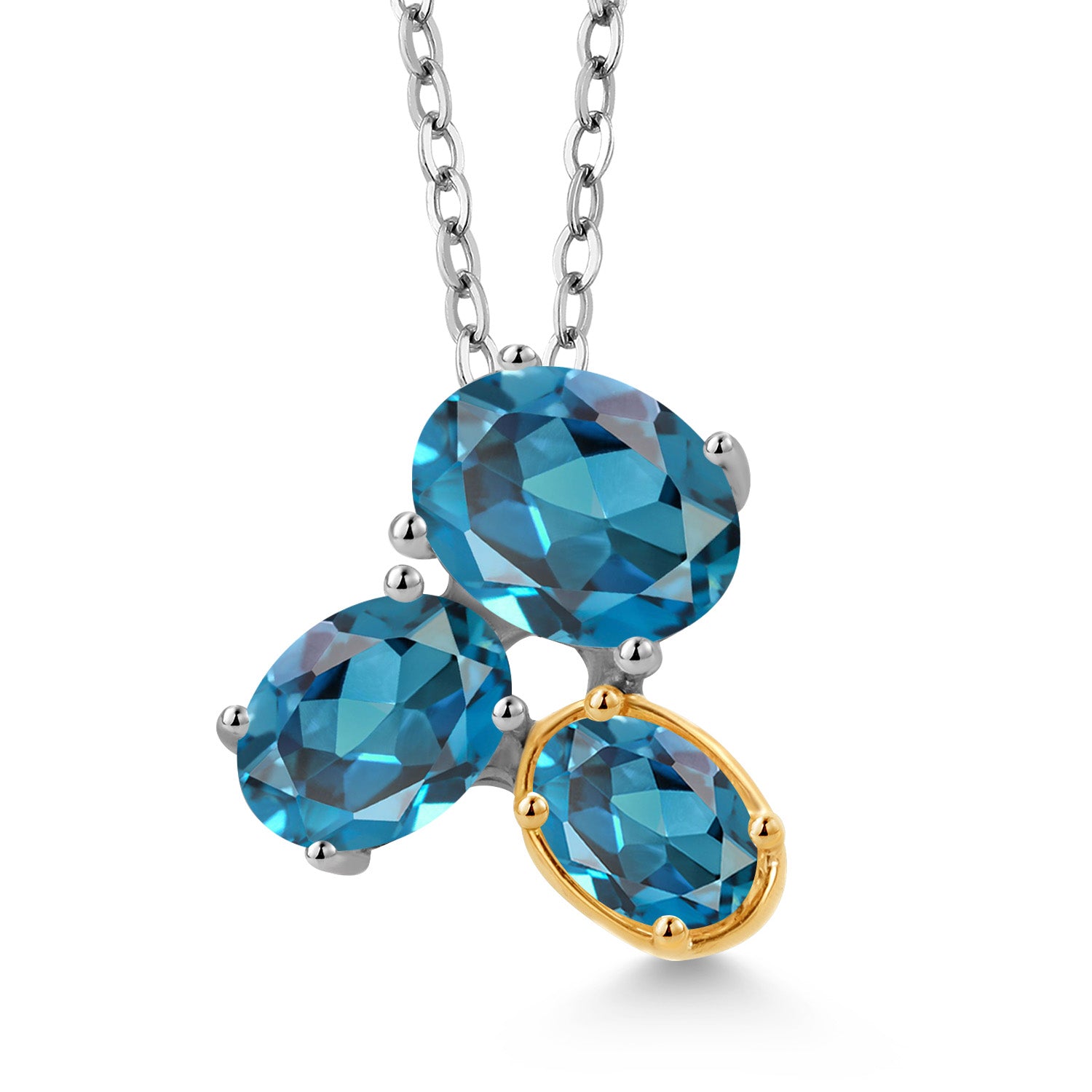 925 Silver and 10K Yellow Gold London Blue Topaz Pendant Necklace For Women (3.10 Cttw, Oval 8X6MM, 7X5MM and 6X4MM, Gemstone November Birthstone, with 18 Inch Chain)