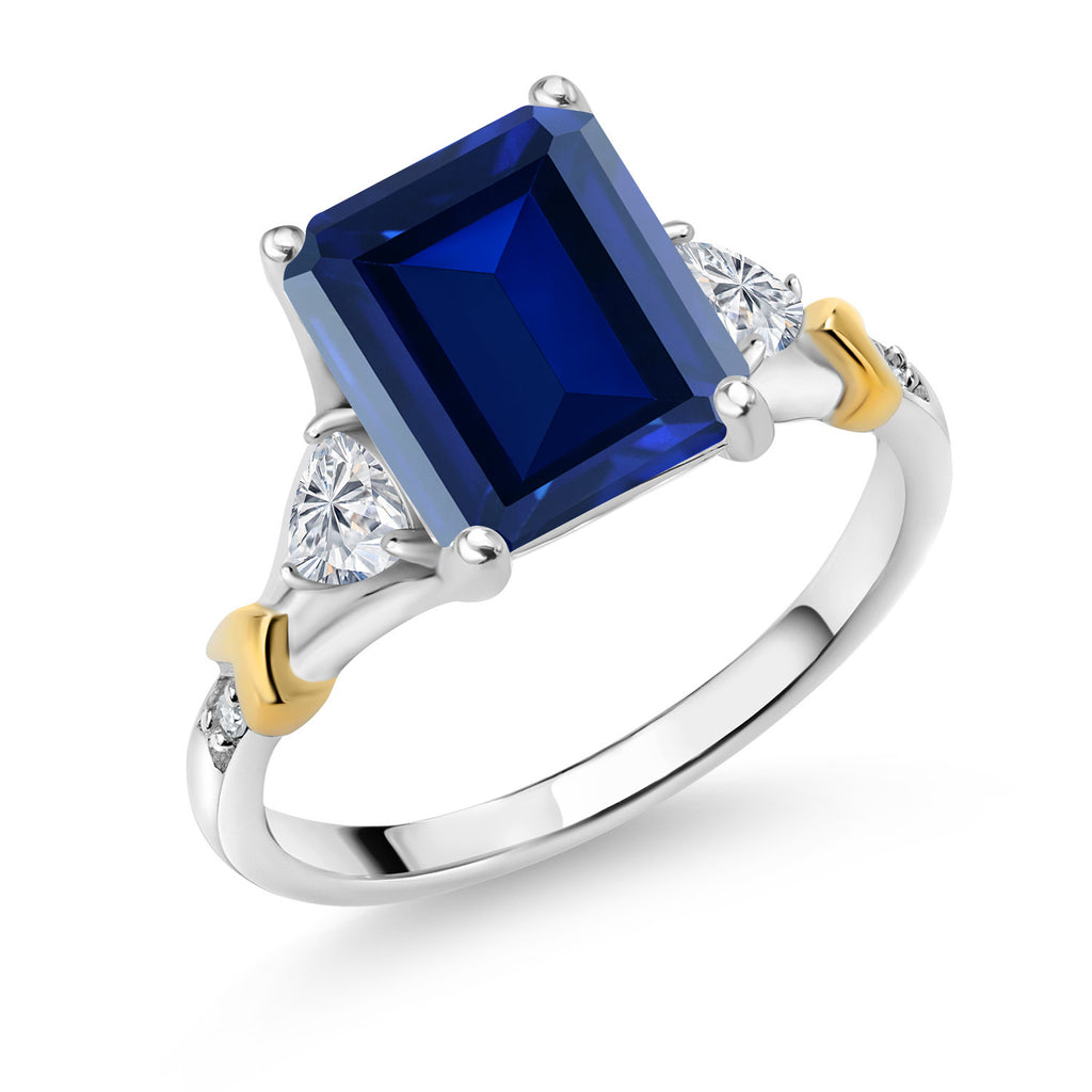 8_4.30 Cttw Blue Created Sapphire and Lab Grown Diamond 925 Silver and 10K Yellow Gold Ring For Women | Available In Size 5, 6, 7, 8, 9