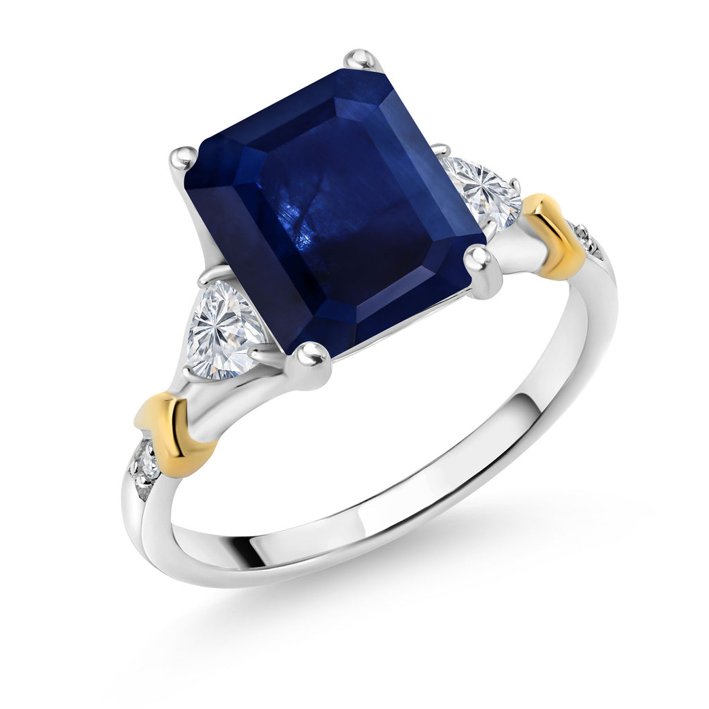 8_3.75 Ct Blue Sapphire Lab Grown Diamond 925 Silver and 10K Yellow Gold Ring