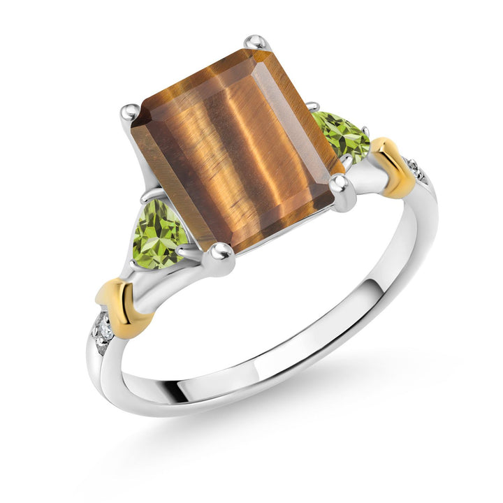 925 Silver and 10K Yellow Gold Brown Tiger Eye and Green Peridot and Diamond Engagement Ring For Women (3.38 Cttw, Emerald Cut 10X8MM, Trillion 3.5MM)