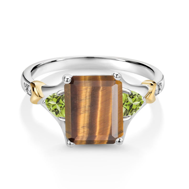 925 Silver and 10K Yellow Gold Brown Tiger Eye and Green Peridot and Diamond Engagement Ring For Women (3.38 Cttw, Emerald Cut 10X8MM, Trillion 3.5MM)