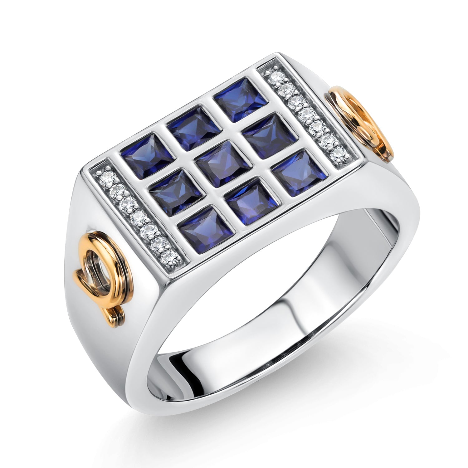 Men's 10K Yellow Gold and 925 Sterling Silver Blue Created Sapphire and White Lab Grown Diamond Ring (1.27 Ct, Available In Sizes 9 to 13)