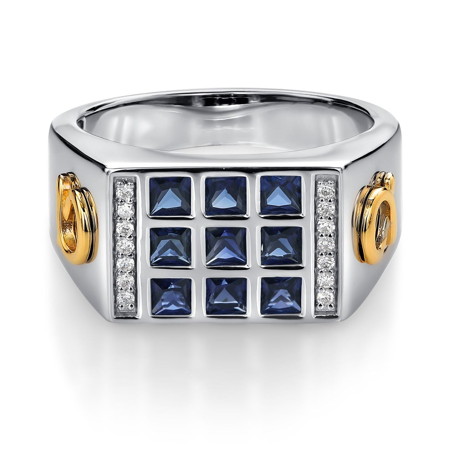 Men's 10K Yellow Gold and 925 Sterling Silver Blue Created Sapphire and White Lab Grown Diamond Ring (1.27 Ct, Available In Sizes 9 to 13)