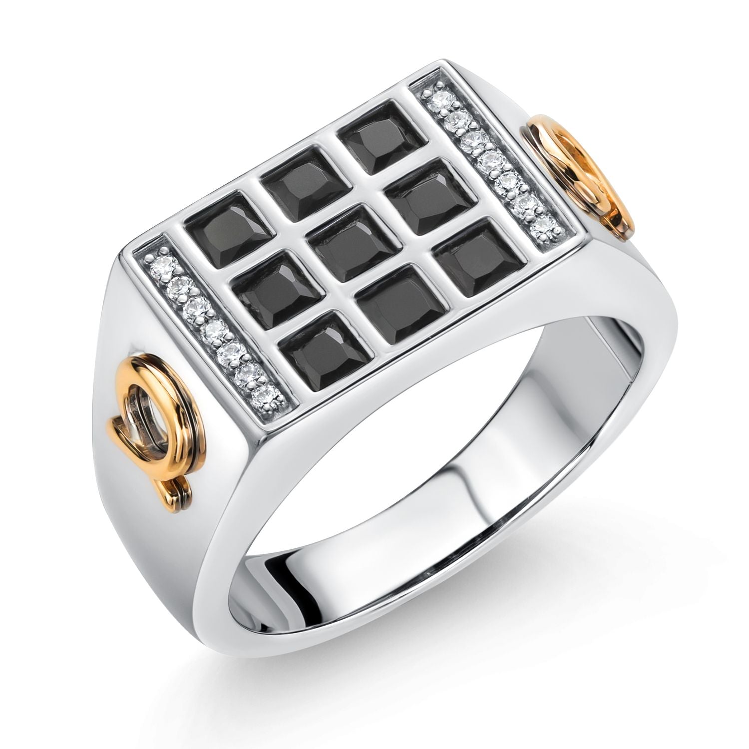 Men's 925 Sterling Silver and 10K Yellow Gold Black Onyx and White Lab Grown Diamond Ring with Alpha Symbol (1.27 Cttw, Available In Sizes 7 to 13)