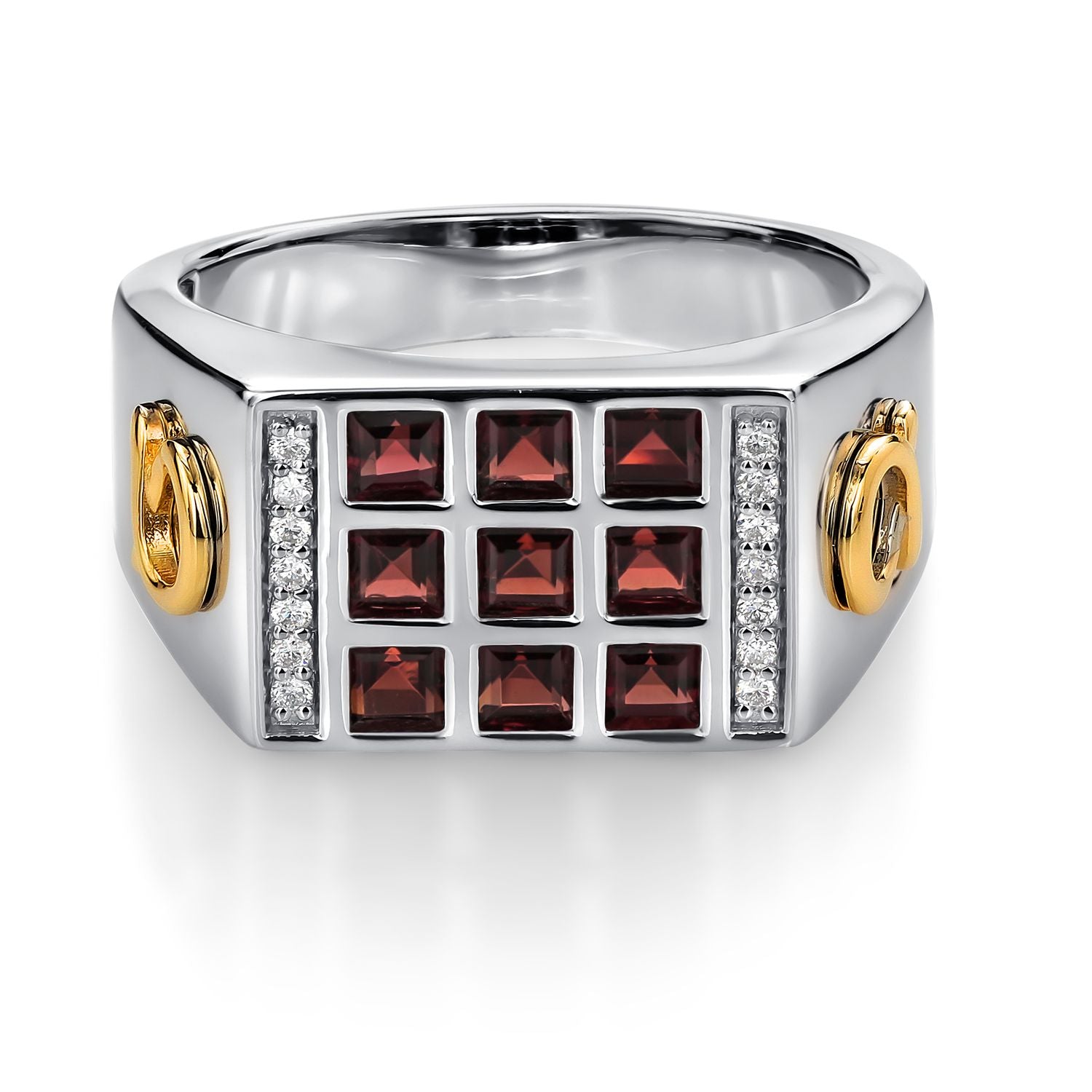 Men's 10K Yellow Gold and 925 Sterling Silver Red Garnet and White Lab Grown Diamonds Ring (1.27 Cttw, Available In Sizes 9 to 13)