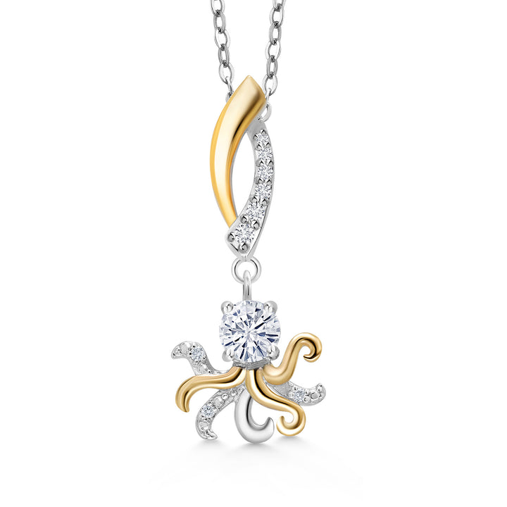 Gem Stone King 10K Yellow Gold and 925 Sterling Silver White Lab Grown Diamond Ocean Charm Pendant Necklace For Women with 18 Inch Chain
