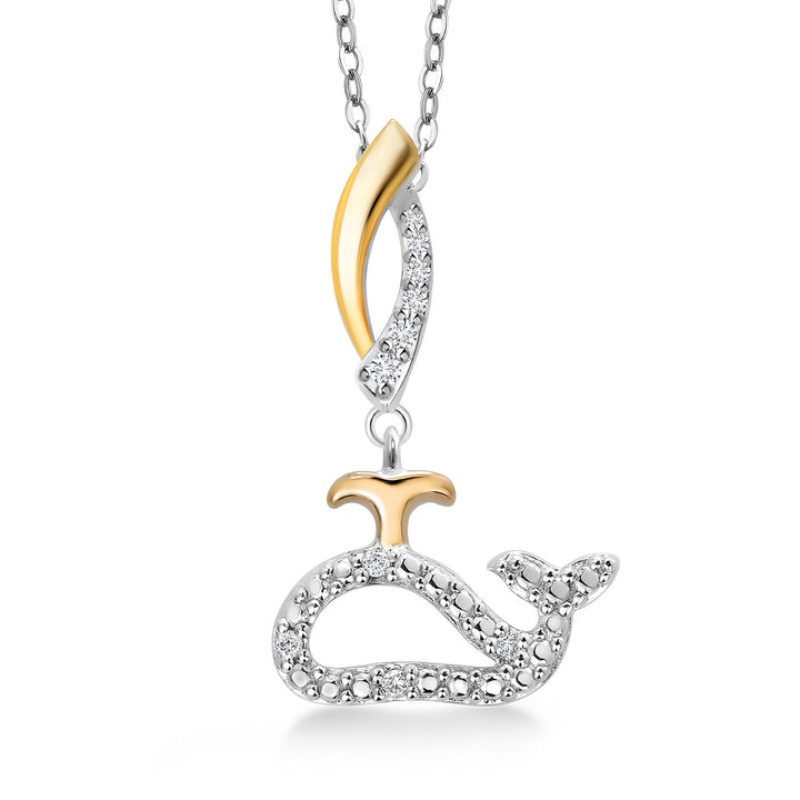 Gem Stone King 10K Yellow Gold and 925 Sterling Silver White Lab Grown Diamond Ocean Charm Pendant Necklace For Women with 18 Inch Chain
