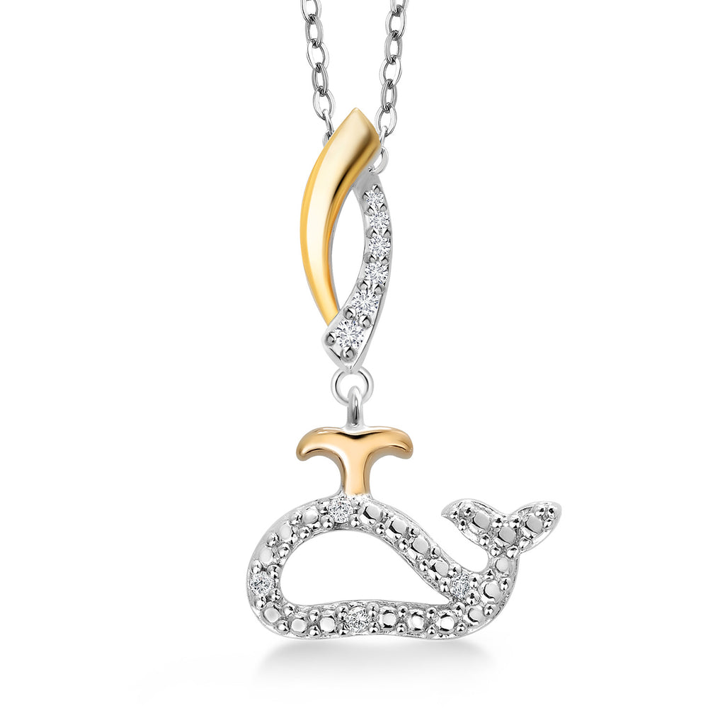 Gem Stone King 10K Yellow Gold and 925 Sterling Silver White Lab Grown Diamond Ocean Charm Pendant Necklace For Women with 18 Inch Chain
