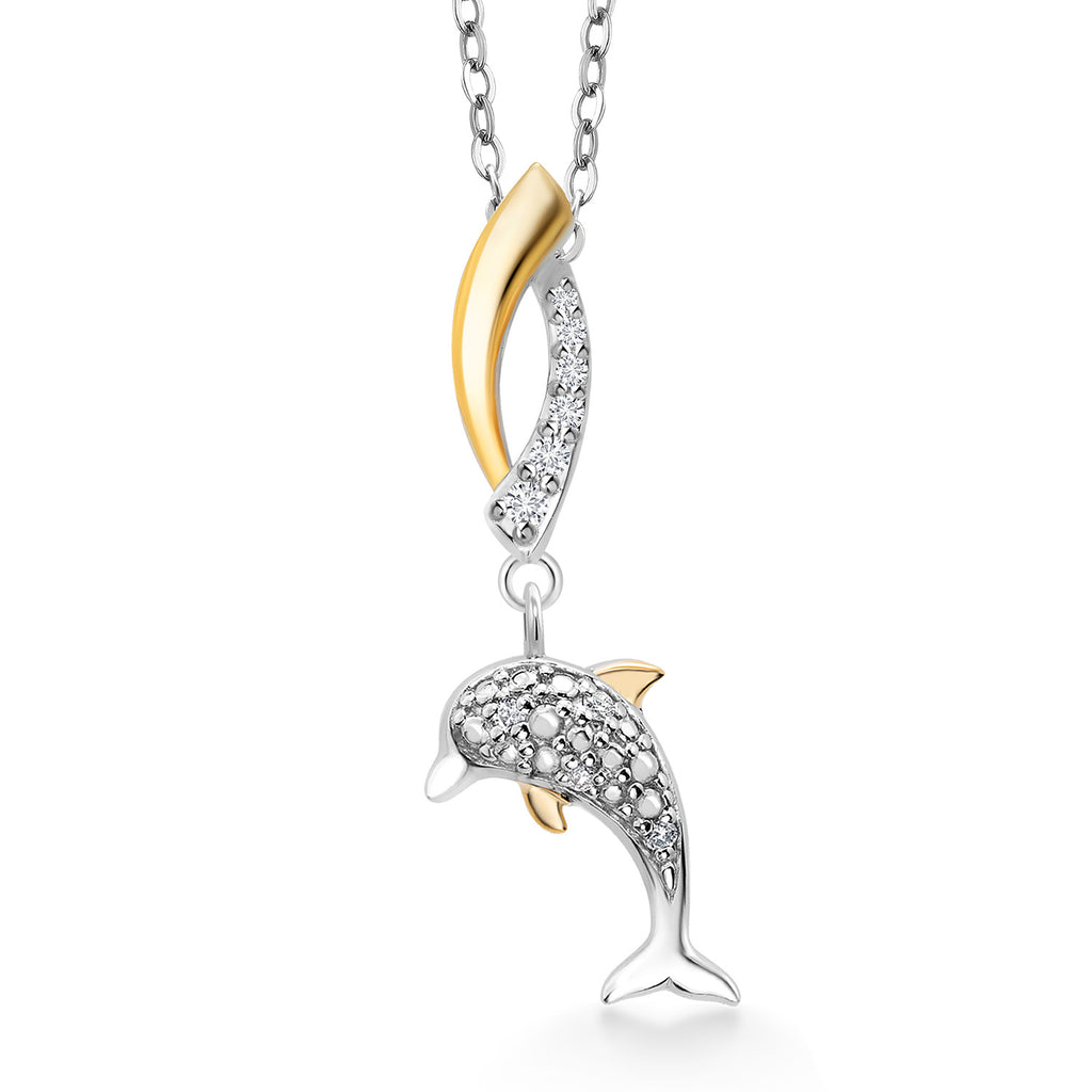Gem Stone King 10K Yellow Gold and 925 Sterling Silver White Lab Grown Diamond Ocean Charm Pendant Necklace For Women with 18 Inch Chain
