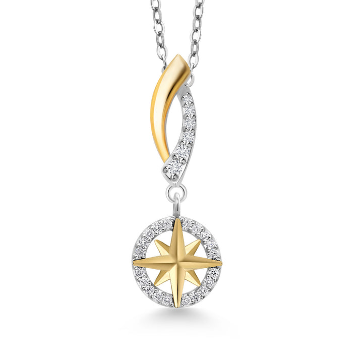 Gem Stone King 10K Yellow Gold and 925 Sterling Silver White Lab Grown Diamond Ocean Charm Pendant Necklace For Women with 18 Inch Chain