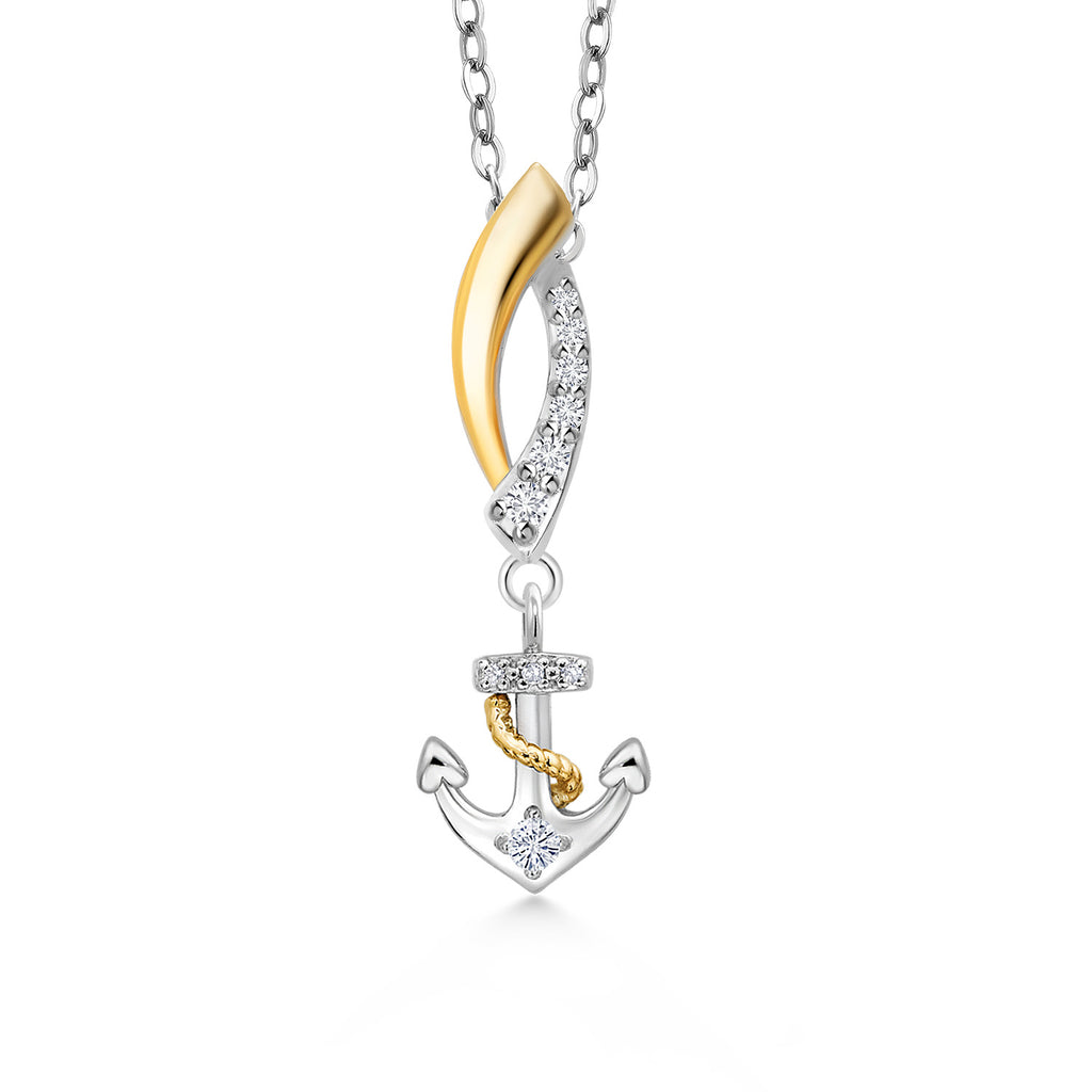 Gem Stone King 10K Yellow Gold and 925 Sterling Silver White Lab Grown Diamond Ocean Charm Pendant Necklace For Women with 18 Inch Chain