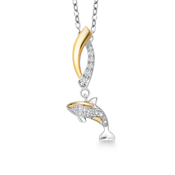 Gem Stone King 10K Yellow Gold and 925 Sterling Silver White Lab Grown Diamond Ocean Charm Pendant Necklace For Women with 18 Inch Chain