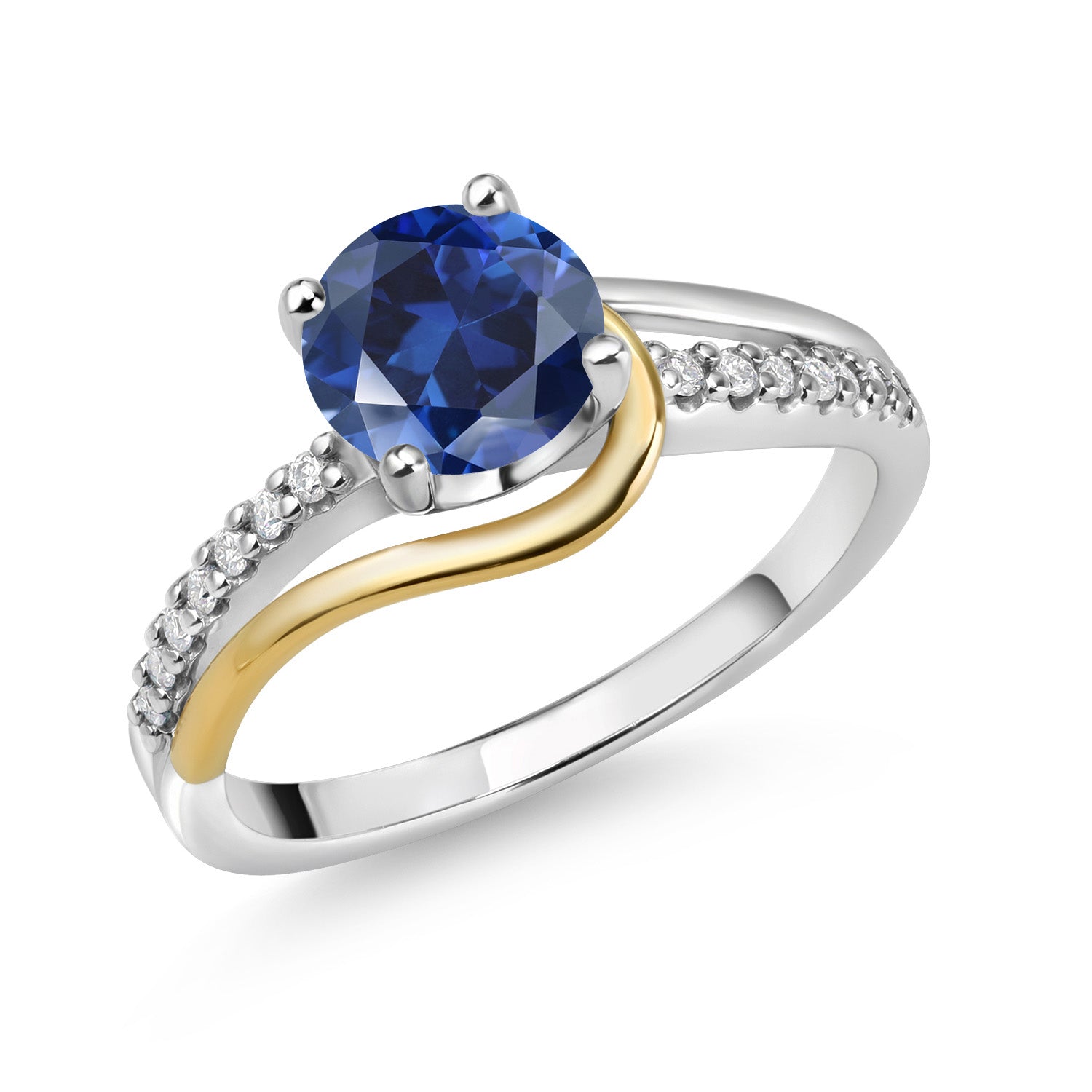 925 Sterling Silver and 10K Yellow Gold Round Blue Created Sapphire and White Moissanite Engagement Ring For Women (1.71 Cttw, Round 7MM, Available In Size 5, 6, 7, 8, 9)