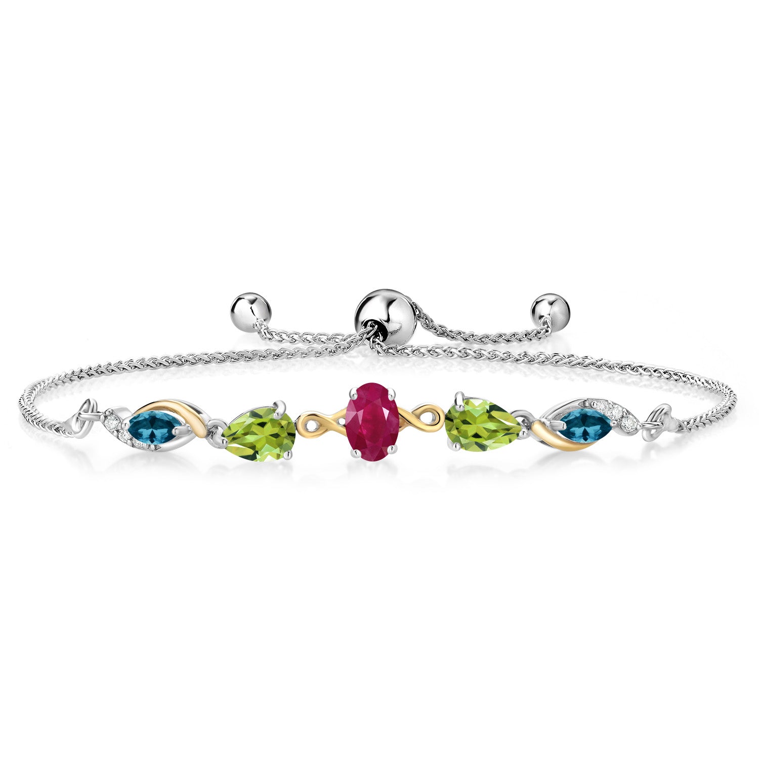 925 Silver and 10K Yellow Gold Red Ruby Green Peridot London Blue Topaz and Lab Grown Diamond Tennis Bracelet for Women By Keren Hanan (1.83 cttw, Adjustable Up To 9 Inch)