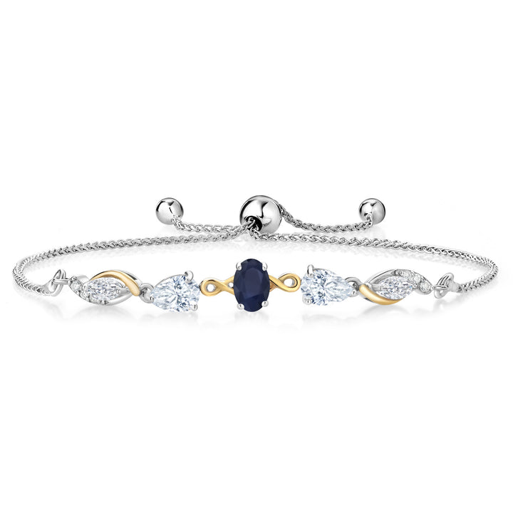 925 Silver and 10K Yellow Gold Blue Sapphire White Moissanite and Lab Grown Diamond Tennis Bracelet for Women By Keren Hanan (1.60 Cttw, Adjustable Up To 9 Inch)