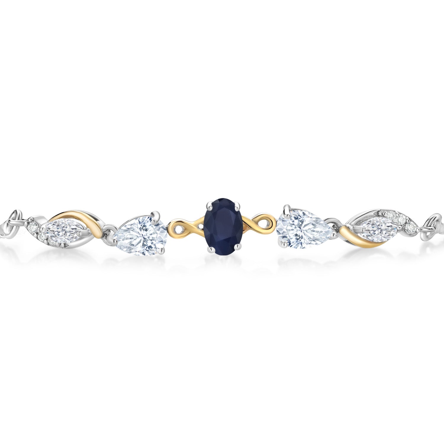 925 Silver and 10K Yellow Gold Blue Sapphire White Moissanite and Lab Grown Diamond Tennis Bracelet for Women By Keren Hanan (1.60 Cttw, Adjustable Up To 9 Inch)