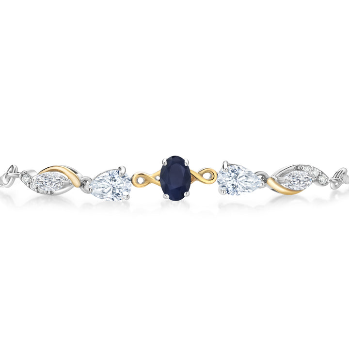 925 Silver and 10K Yellow Gold Blue Sapphire White Moissanite and Lab Grown Diamond Tennis Bracelet for Women By Keren Hanan (1.60 Cttw, Adjustable Up To 9 Inch)