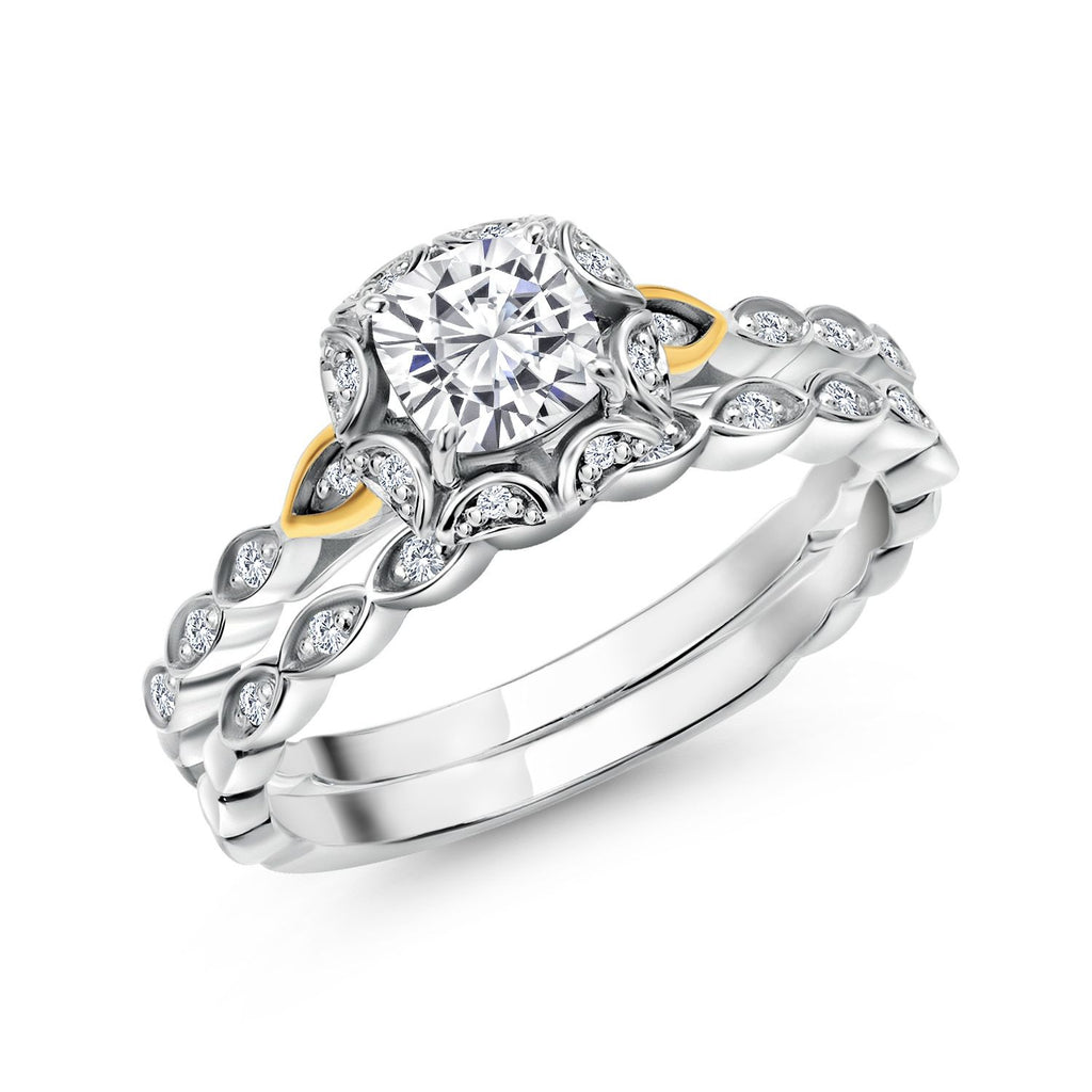 White Moissanite - April_6_Ring in 925 Sterling Silver and 10K Yellow Gold