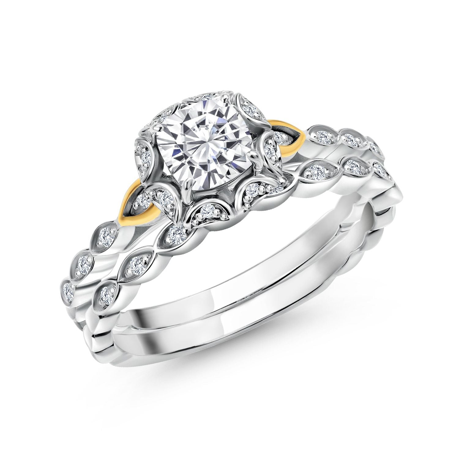 White Moissanite - April_7_Ring in 925 Sterling Silver and 10K Yellow Gold