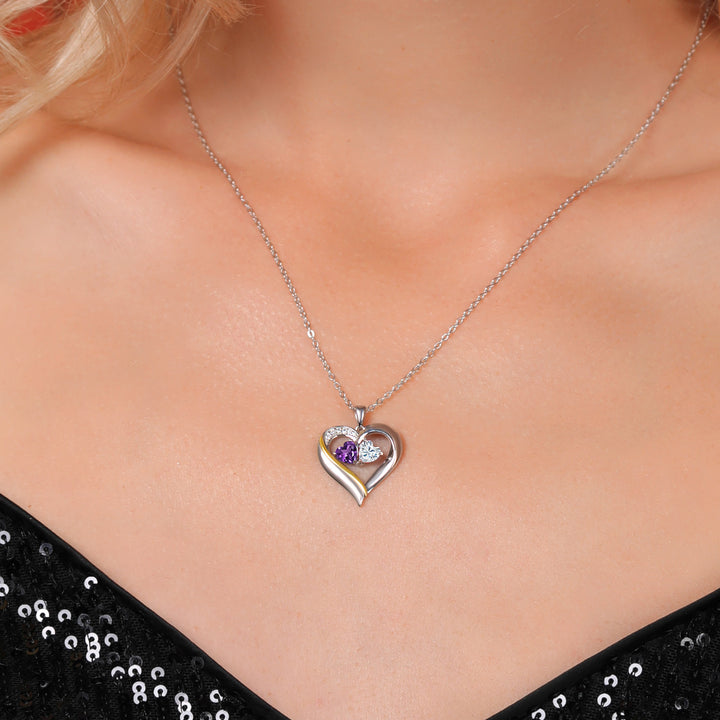 925 Silver and 10K Yellow Gold Purple Amethyst White Moissanite and Lab Grown Diamond Double Heart Shape Name Engraved Pendant Necklace for Women | 0.87 Cttw | with 18 Inch Chain