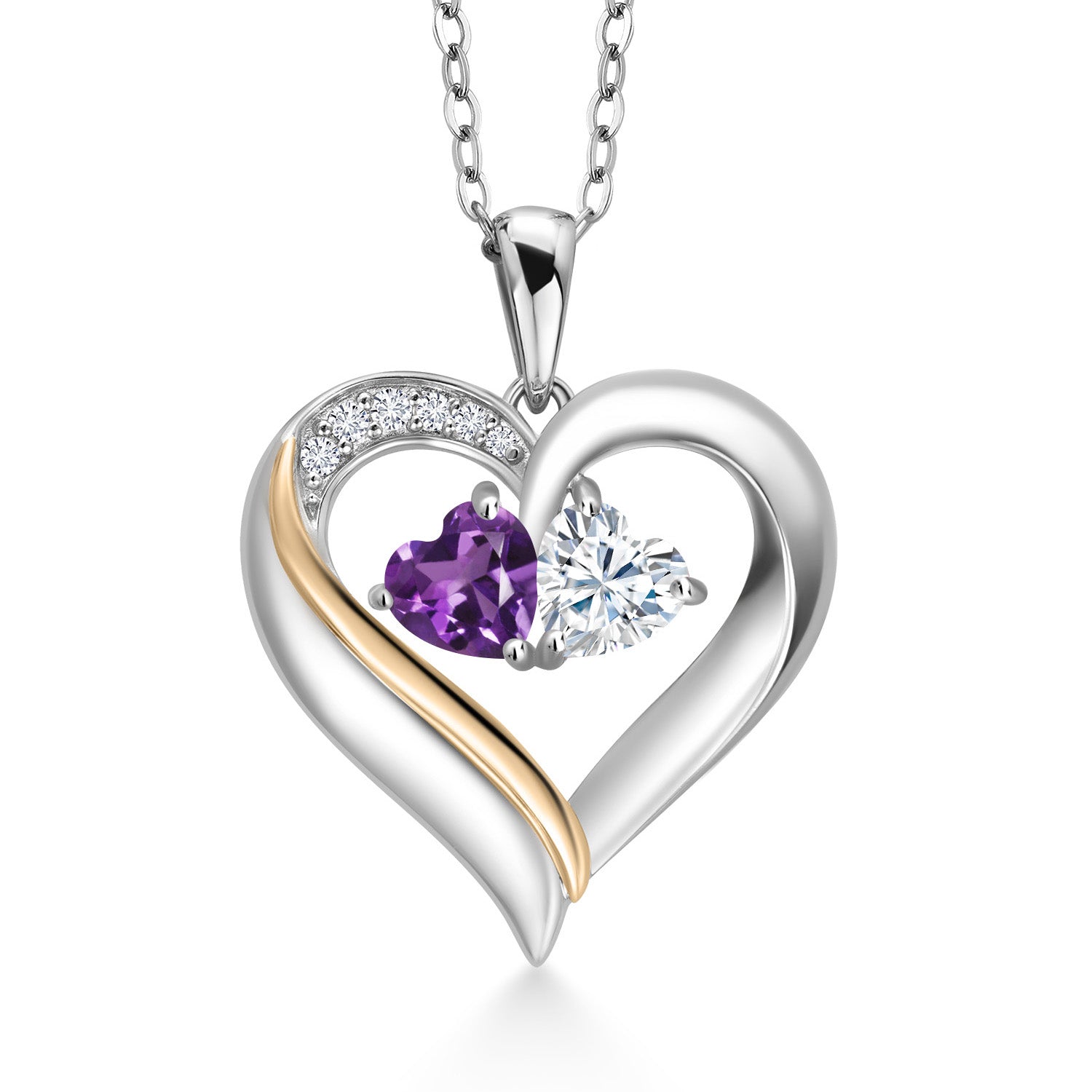 925 Silver and 10K Yellow Gold Purple Amethyst White Moissanite and Lab Grown Diamond Double Heart Shape Name Engraved Pendant Necklace for Women | 0.87 Cttw | with 18 Inch Chain