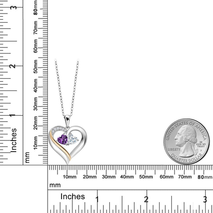 925 Silver and 10K Yellow Gold Purple Amethyst White Moissanite and Lab Grown Diamond Double Heart Shape Name Engraved Pendant Necklace for Women | 0.87 Cttw | with 18 Inch Chain